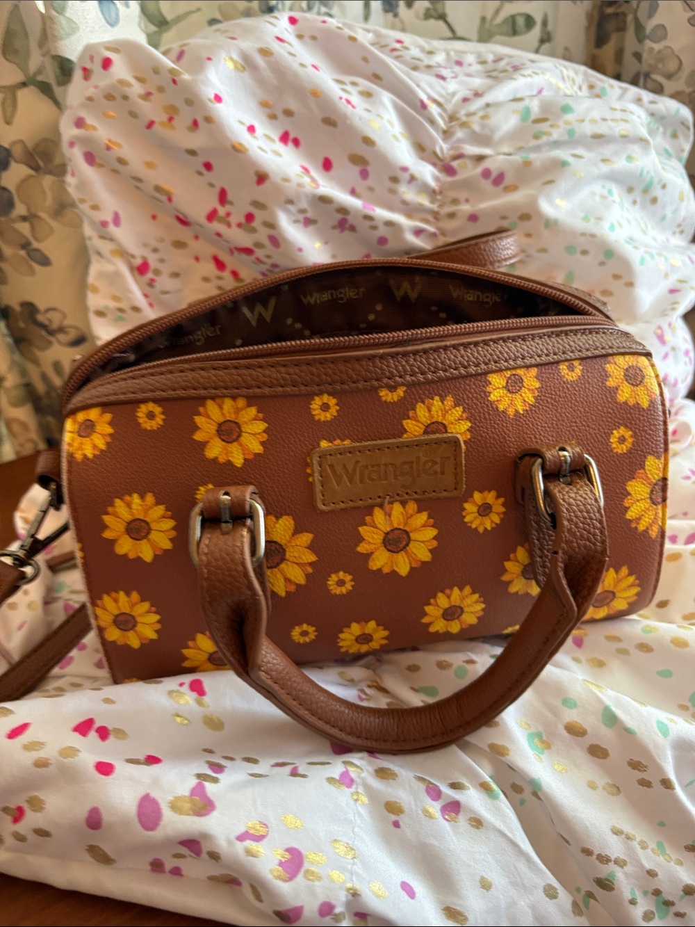 Wrangler Brown Mini Satchel with Yellow Sunflower Print